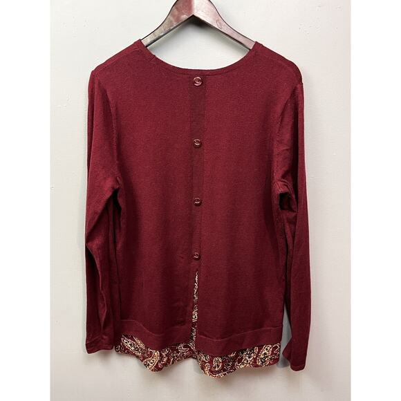 J Jill Layered Sweater Womens Medium Burgundy Pullover Button Back Floral bottom - Picture 2 of 7